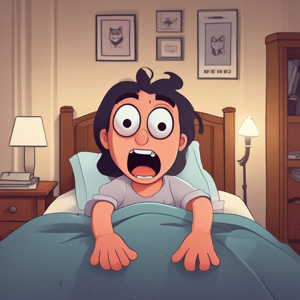 Animated character looking shocked while in bed